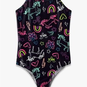 NWT Kids Unicorn Print Swimsuit - Black Multicolor Neon